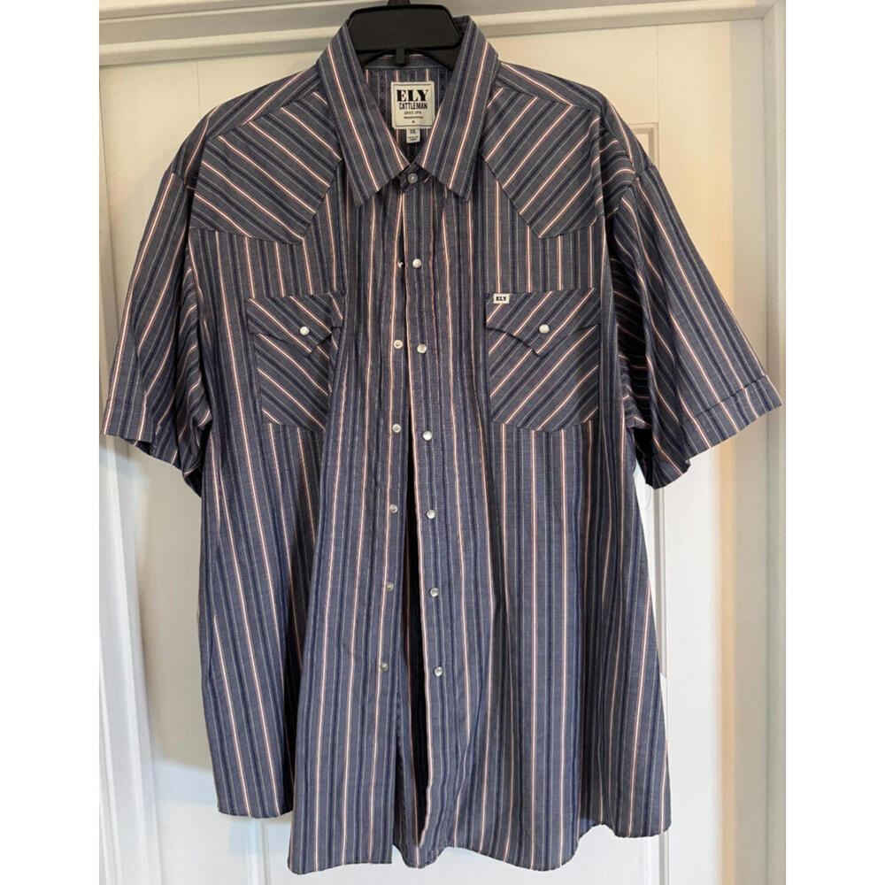 Ely Cattleman Shirt Mens XXL Blue-Pink  Striped Western Pearl Snap Cowboy Ranch